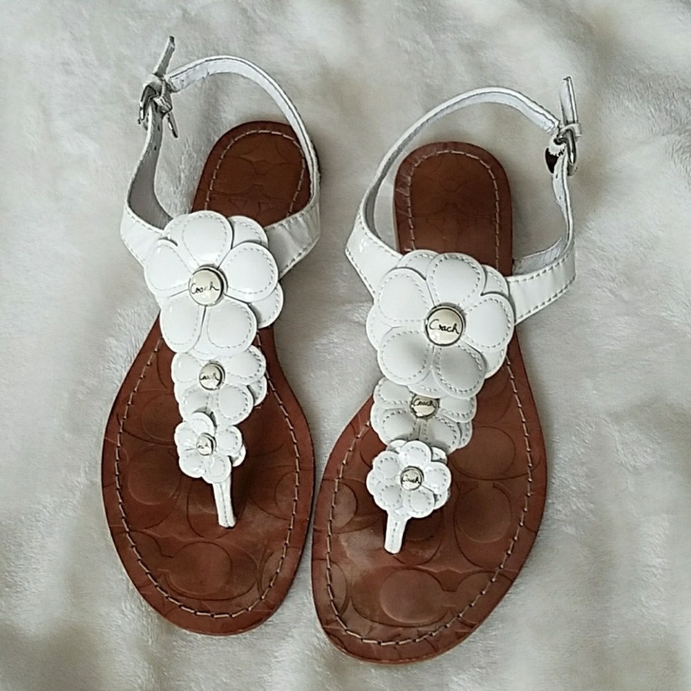 Coach Sandals Size 6.5 White Omega Patent Flowers